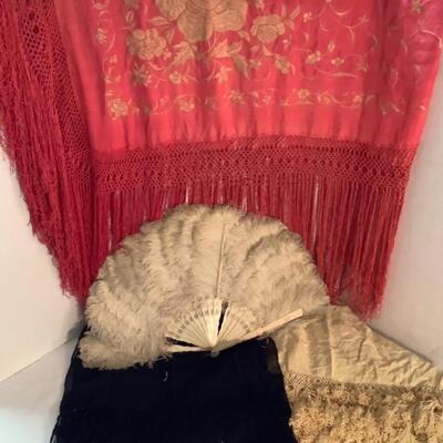 C2207 Three Vintage Silk Shawls/Wraps and Vintage Ostrich Feather Hand Fan