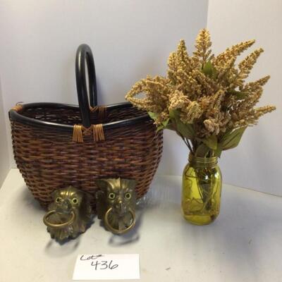 436 Basket , Brass Lion Head Decor, Artificial Flowers 