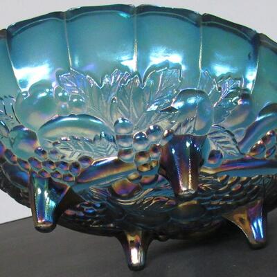 Vintage Indiana Glass Blue Carnival Glass Large Oval Bowl Grapes Pattern