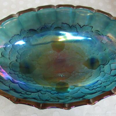 Vintage Indiana Glass Blue Carnival Glass Large Oval Bowl Grapes Pattern
