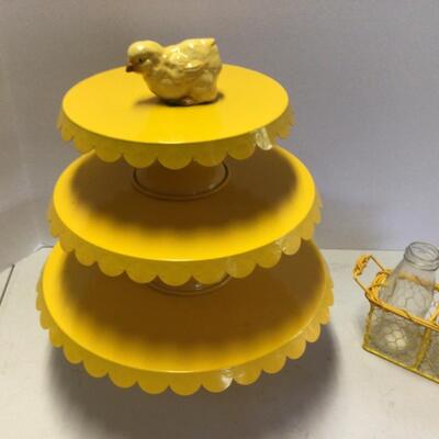 421 Three piece Yellow Metal Cake Stands with Bottles and Chick
