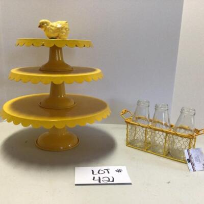 421 Three piece Yellow Metal Cake Stands with Bottles and Chick