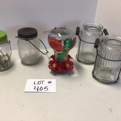405 Lot of Firefly Jars, Hummingbird Feeder, Jars / Votives 