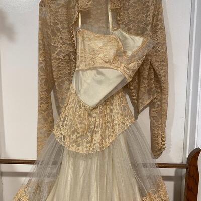 Antique lace prom dress wedding dress with jacket