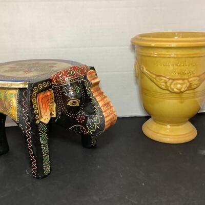 222. Asian Inspired Wooden Elephant Stand / Glazed Pottery Urn