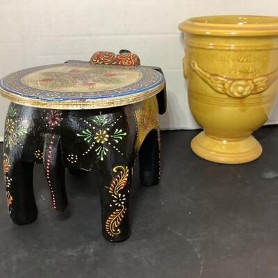 222. Asian Inspired Wooden Elephant Stand / Glazed Pottery Urn
