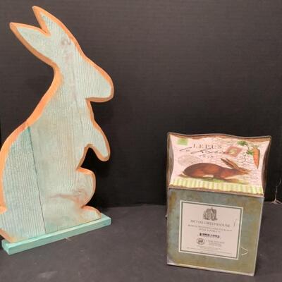 445 Wooden Bunny Stand and Decoupage Bunny Tin 
