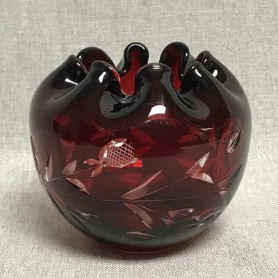 Antique Czech Bohemian Deep Ruby Red Cranberry Glass Cut to Clear Rose Bowl Vase