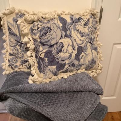 190 Two Needlepoint Blue and White pillows with throw blanket 