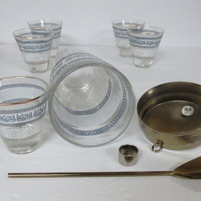 Mid Century Cocktail Shaker, 6 Matching Small Cocktail Glasses, Cover and Spoon
