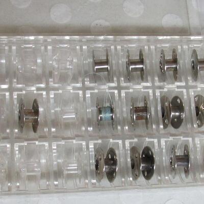 Vintage Sewing Machine Bobbons in Case 21 Total, Presser Foot, More