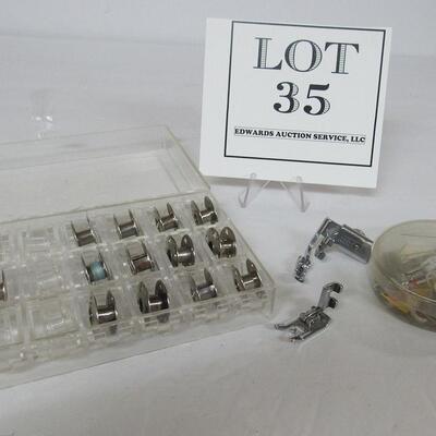 Vintage Sewing Machine Bobbons in Case 21 Total, Presser Foot, More