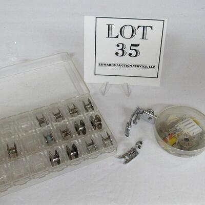 Vintage Sewing Machine Bobbons in Case 21 Total, Presser Foot, More