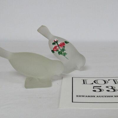 2 Vintage Clear Frosted Glass Birds, One Hand Painted, Unmarked