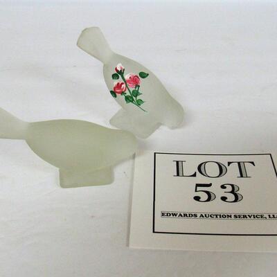 2 Vintage Clear Frosted Glass Birds, One Hand Painted, Unmarked