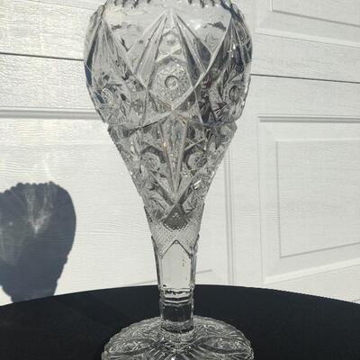 Pair of vintage heavy pressed glass flower vases 12.5”