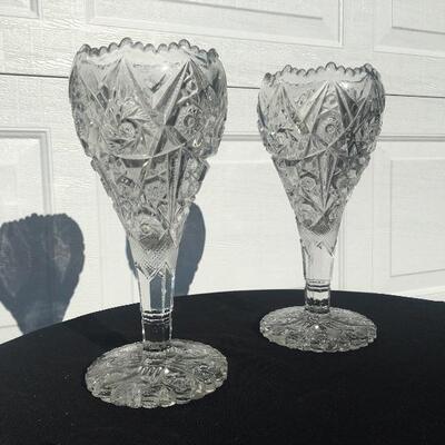 Pair of vintage heavy pressed glass flower vases 12.5”