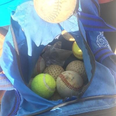 Mixed sports equipment lot with bats, balls and gloves