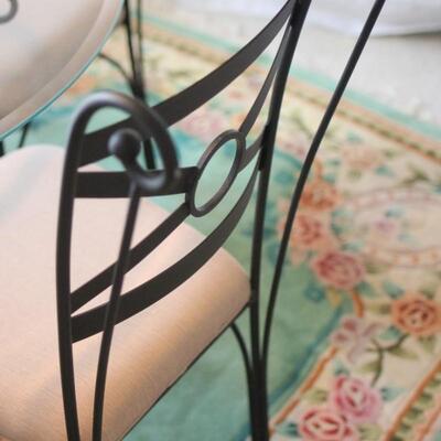 Lot 62 Black Iron Dining Table w/ Glass Top, 4 chairs 45"x29"