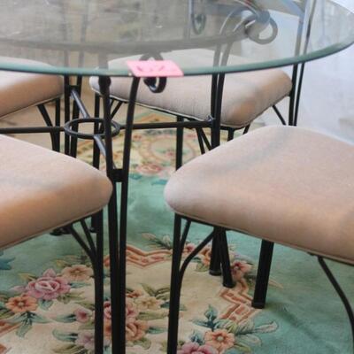 Lot 62 Black Iron Dining Table w/ Glass Top, 4 chairs 45"x29"