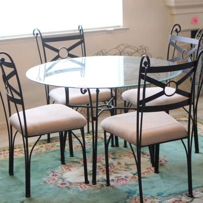 Lot 62 Black Iron Dining Table w/ Glass Top, 4 chairs 45"x29"