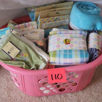 Lot 110 Basket of NWT Baby Blankets & Hand Towels