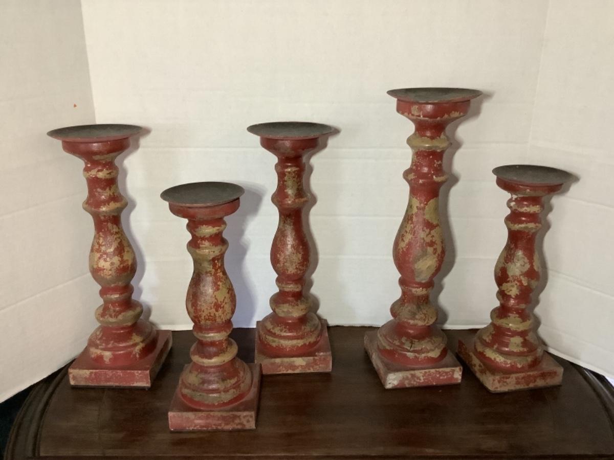 252 Five Wooden Pedestal Candle Holders
