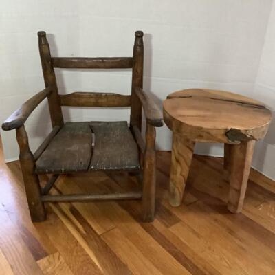 263. Antique Childs Wooden Chair & Wooden Stool 
