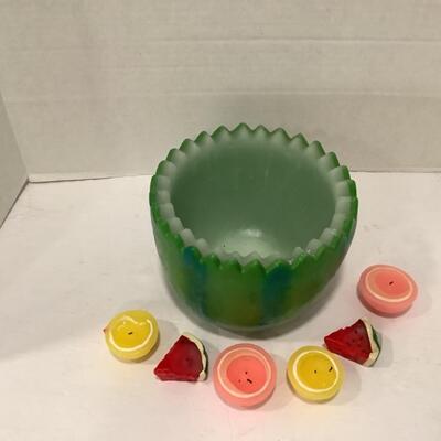 341. Wax Watermelon Bowl with Mini Wax Fruit Candles 