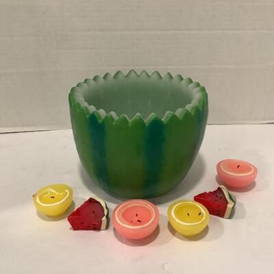 341. Wax Watermelon Bowl with Mini Wax Fruit Candles 