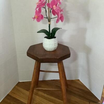 354. Wooden Stool/ Stand & Faux Orchid 