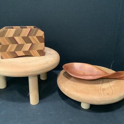 453. Artisan Signed Cherry Wood Spoon Rest, 2 Wooden Risers, Wooden Napkin Holder 