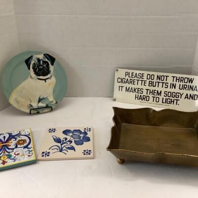 470  Two Painted Tiles / Gold Footed Tray / Decorative Pug Plate 