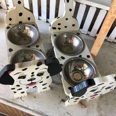 Two handcrafted wood dog bowl feeders