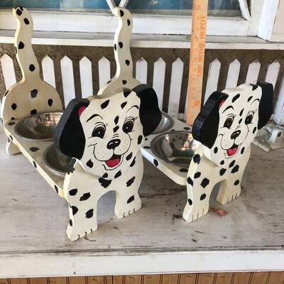 Two handcrafted wood dog bowl feeders