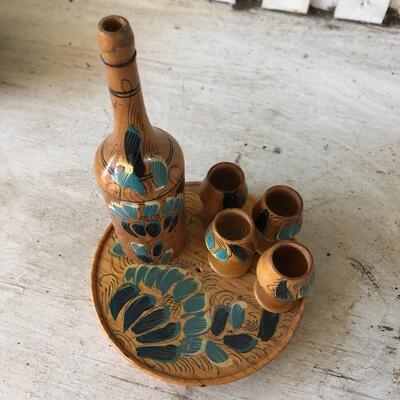 Miniature wood painted wine set