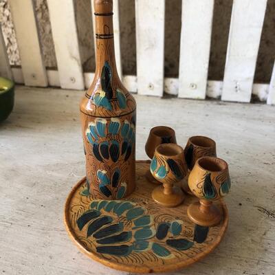 Miniature wood painted wine set