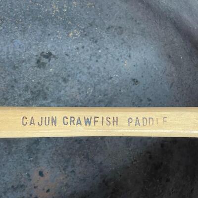 Huge Footed Cast Iron Pot and Wooden Crawfish Paddle