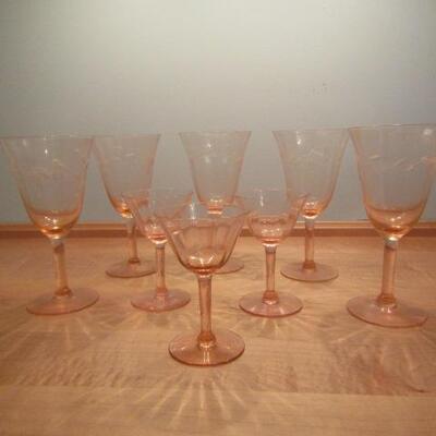 Group of Etched Wine Glasses- 8 Total