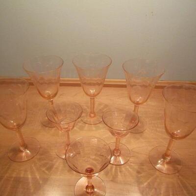 Group of Etched Wine Glasses- 8 Total