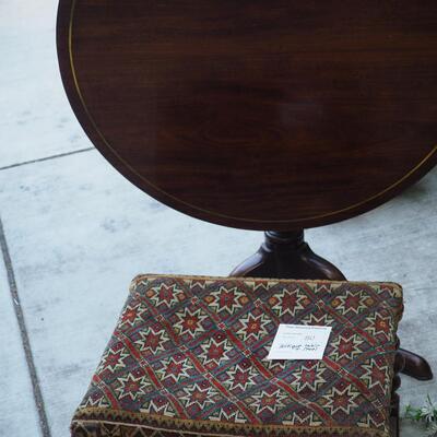 lot 80 Antique Mahogany lift round table, tapestry stool 