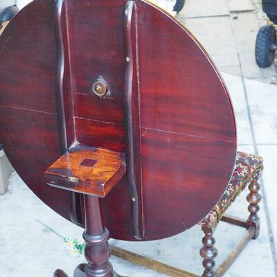 lot 80 Antique Mahogany lift round table, tapestry stool 
