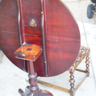 lot 80 Antique Mahogany lift round table, tapestry stool 