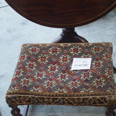 lot 80 Antique Mahogany lift round table, tapestry stool 
