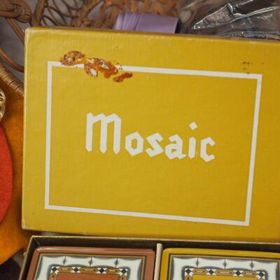 lot 82 Iron and table ironing board, stitchery book, Bridge cards vintage