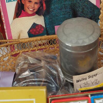 lot 82 Iron and table ironing board, stitchery book, Bridge cards vintage
