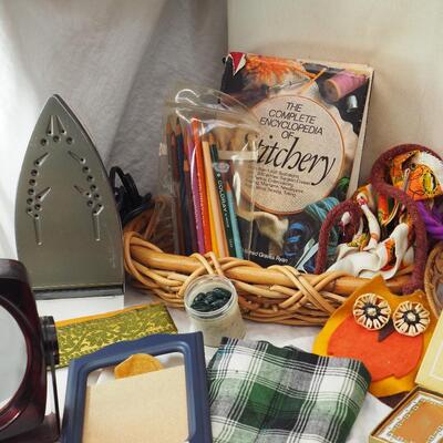 lot 82 Iron and table ironing board, stitchery book, Bridge cards vintage