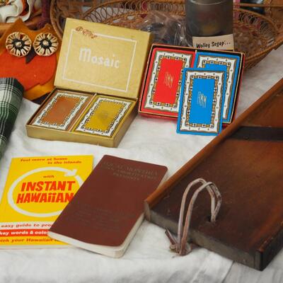 lot 82 Iron and table ironing board, stitchery book, Bridge cards vintage