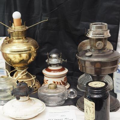 lot 86 oil lamps for parts and repair. 3 lamplight farms 1 Aladdin 1 B&H 2 finger night lights