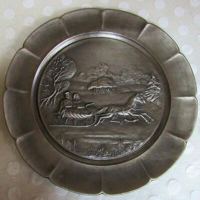 Currier and Ives Pewter Bas-Relief Plate The Road-Winter, 1st In Series